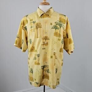Tommy Bahama Silk Palm Tree Pattern Yellow Button-up Camp Shirt | Men's Large